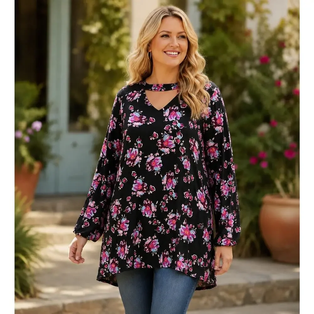 Lane Bryant NEW Floral Keyhole Tunic Womens Size 22 Petite Black Multicolor Top
